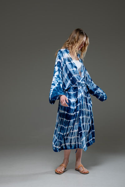 Soft  Rayon Blue tie dye Long Kimino 