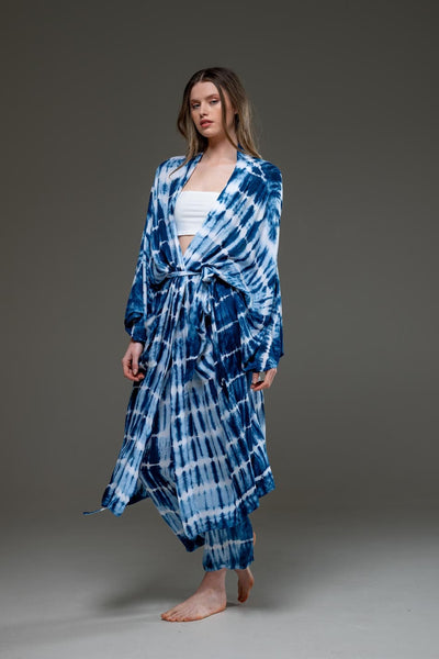 Soft  Rayon Blue tie dye Pant and Long Kimino Set