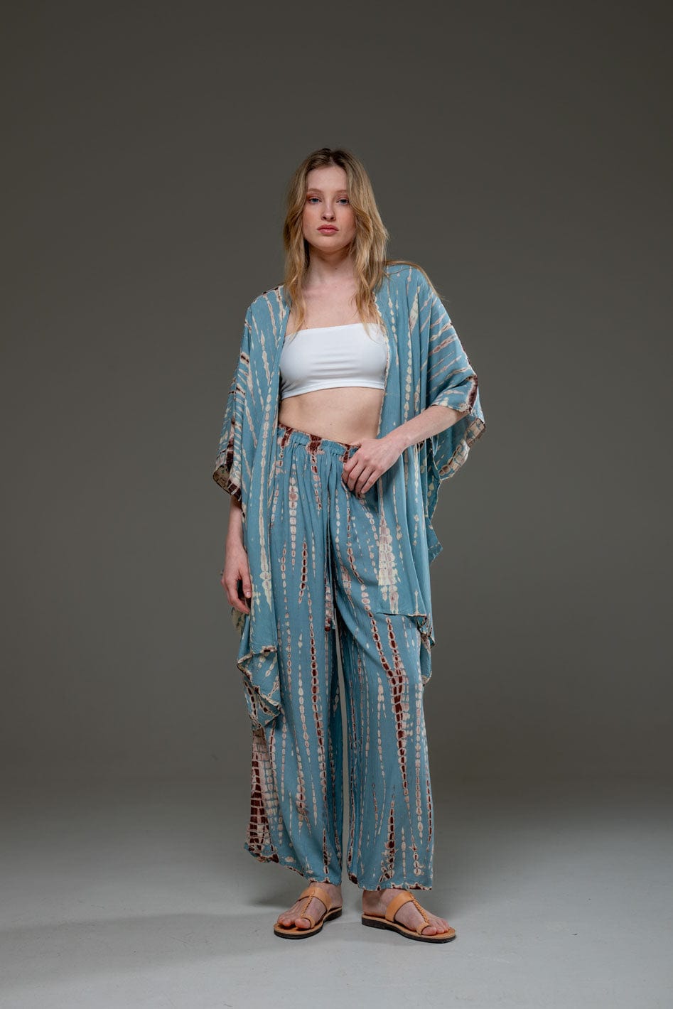 Soft  Rayon Turquoise tie dye Pant and Kimino Set