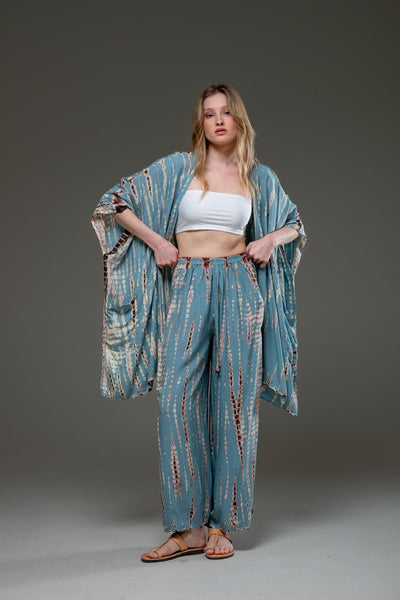 Soft  Rayon Turquoise tie dye Pant and Kimino Set