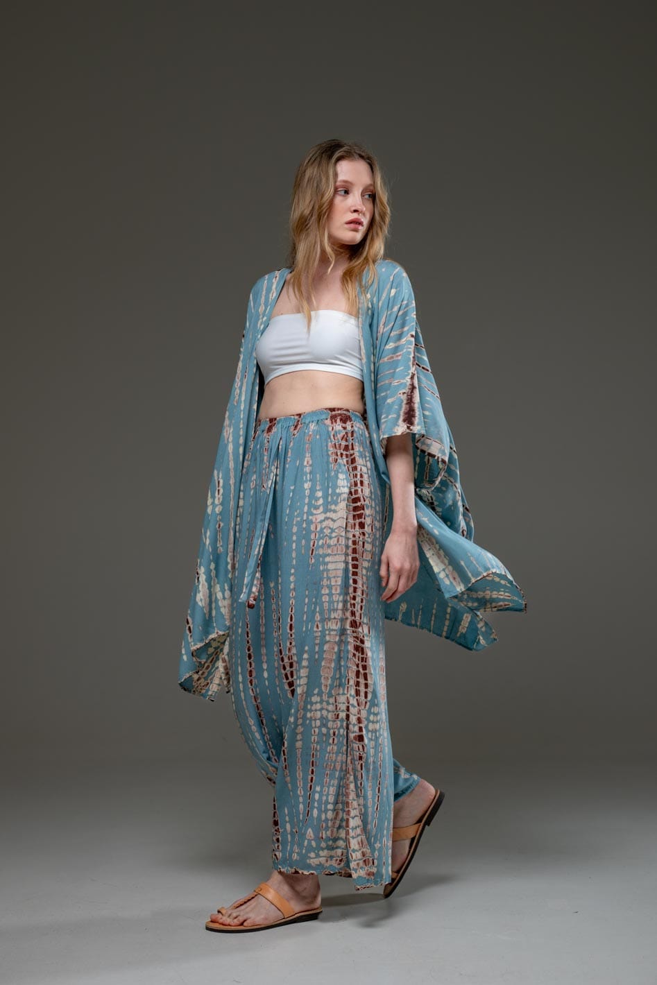 Soft  Rayon Turquoise tie dye Pant and Kimino Set