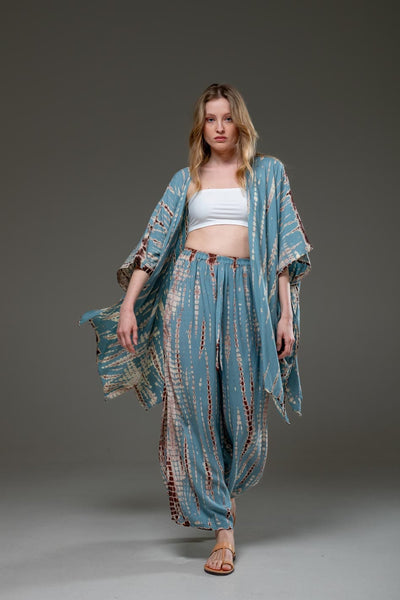 Soft  Rayon Turquoise tie dye Pant and Kimino Set