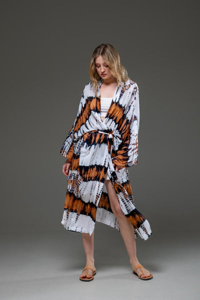Soft  Rayon Brown White tie dye Long Kimono 