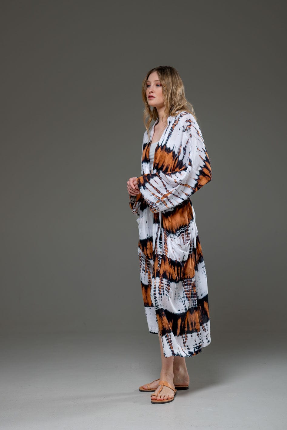 Soft  Rayon Brown White tie dye Long Kimono 
