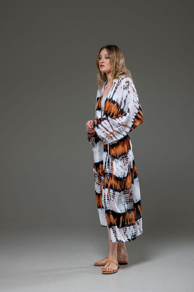 Soft  Rayon Brown White tie dye Long Kimono 