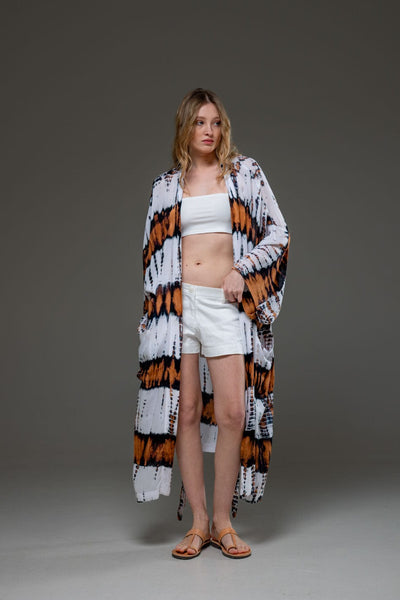 Soft  Rayon Brown White tie dye Long Kimono 