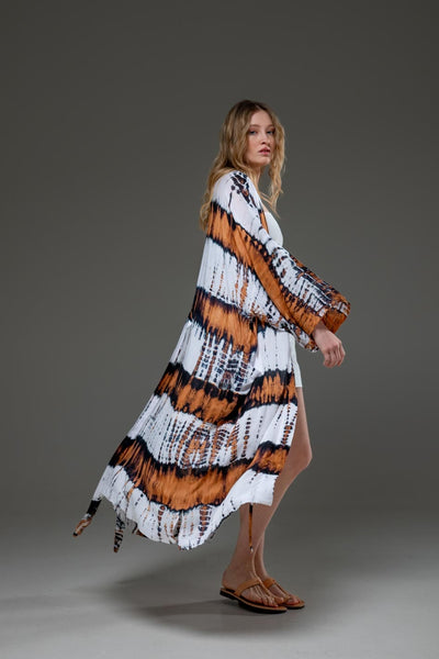 Soft  Rayon Brown White tie dye Long Kimono 