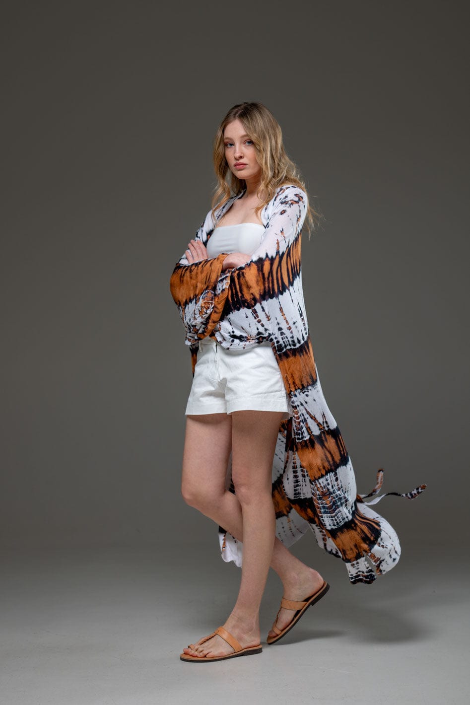 Soft  Rayon Brown White tie dye Long Kimono 