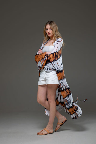Soft  Rayon Brown White tie dye Long Kimono 