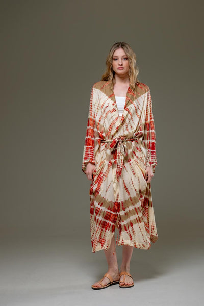 Soft  Rayon beige red tie dye Long Kimino 