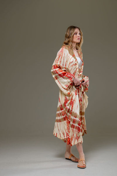 Soft  Rayon beige red tie dye Long Kimono 