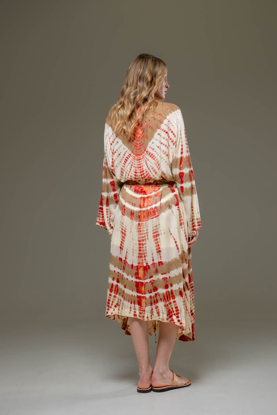 Soft  Rayon beige red tie dye Long Kimono 