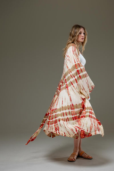 Soft  Rayon beige red tie dye Long Kimono 