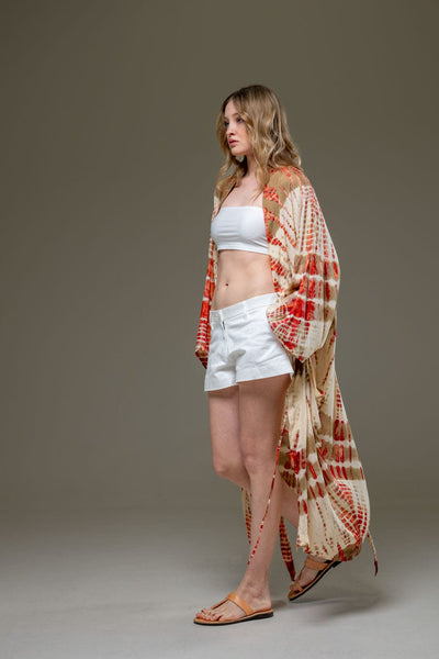 Soft  Rayon beige red tie dye Long Kimono 