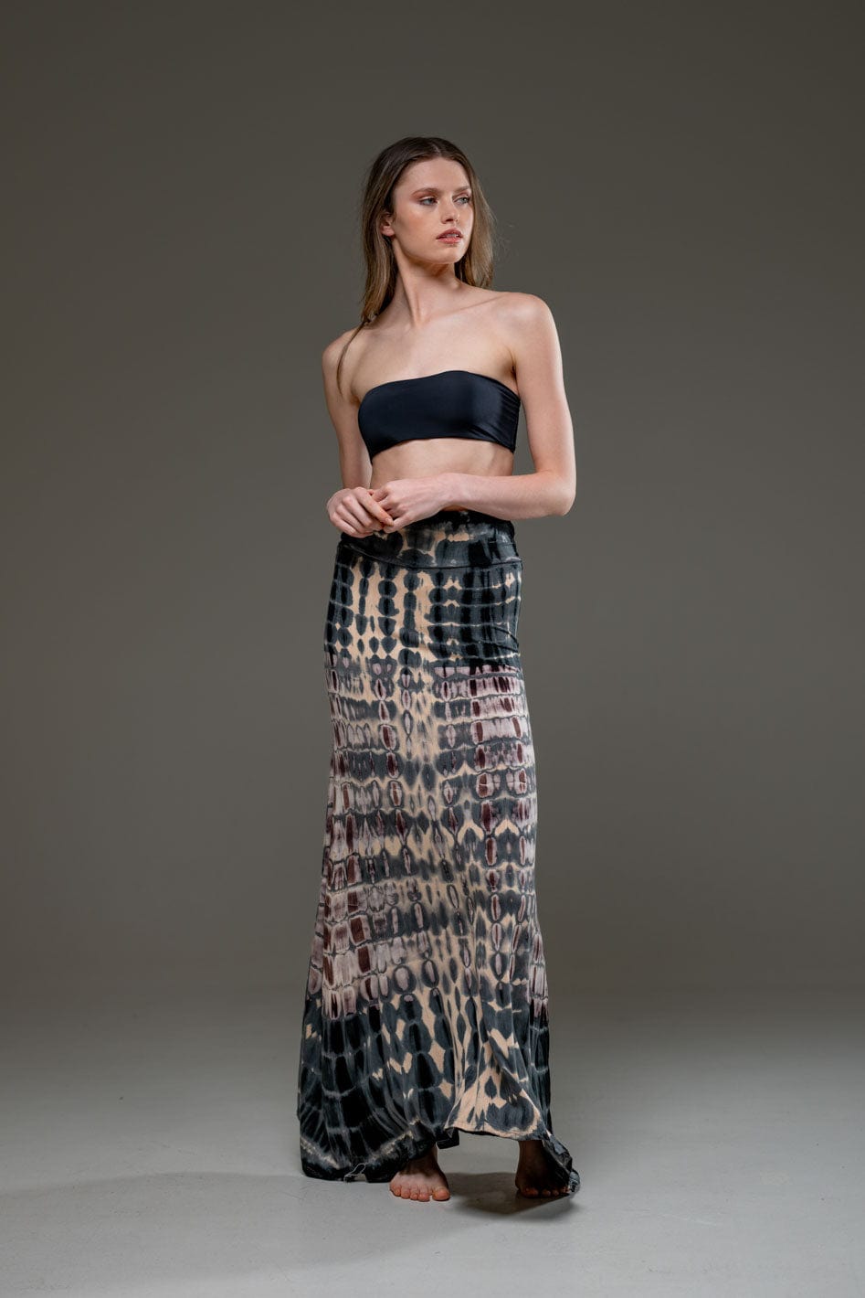 Stretched Fabric Beige Grey Tie Dye Long Skirt