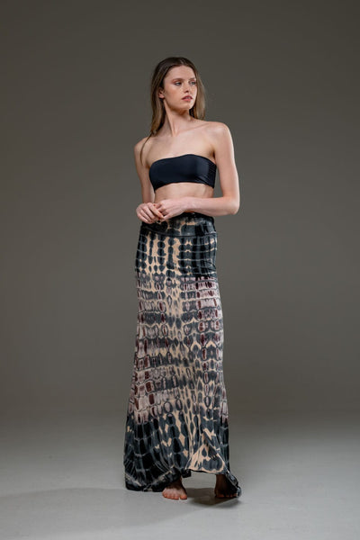 Stretched Fabric Beige Grey Tie Dye Long Skirt