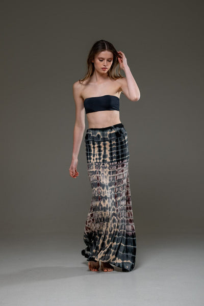 Stretched Fabric Beige Grey Tie Dye Long Skirt