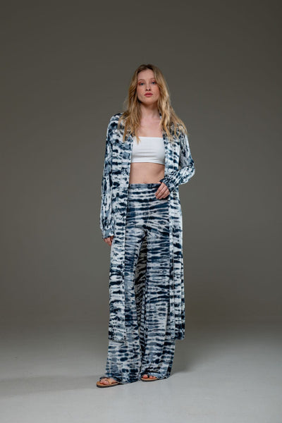 Stripe design elastic fabric hand tie dye wide leg long pant and long Open Jacket Set