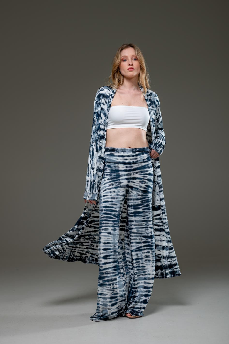 Stripe design elastic fabric hand tie dye wide leg long pant and long Open Jacket Set