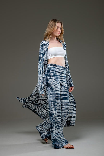 Stripe design elastic fabric hand tie dye wide leg long pant and long Open Jacket Set