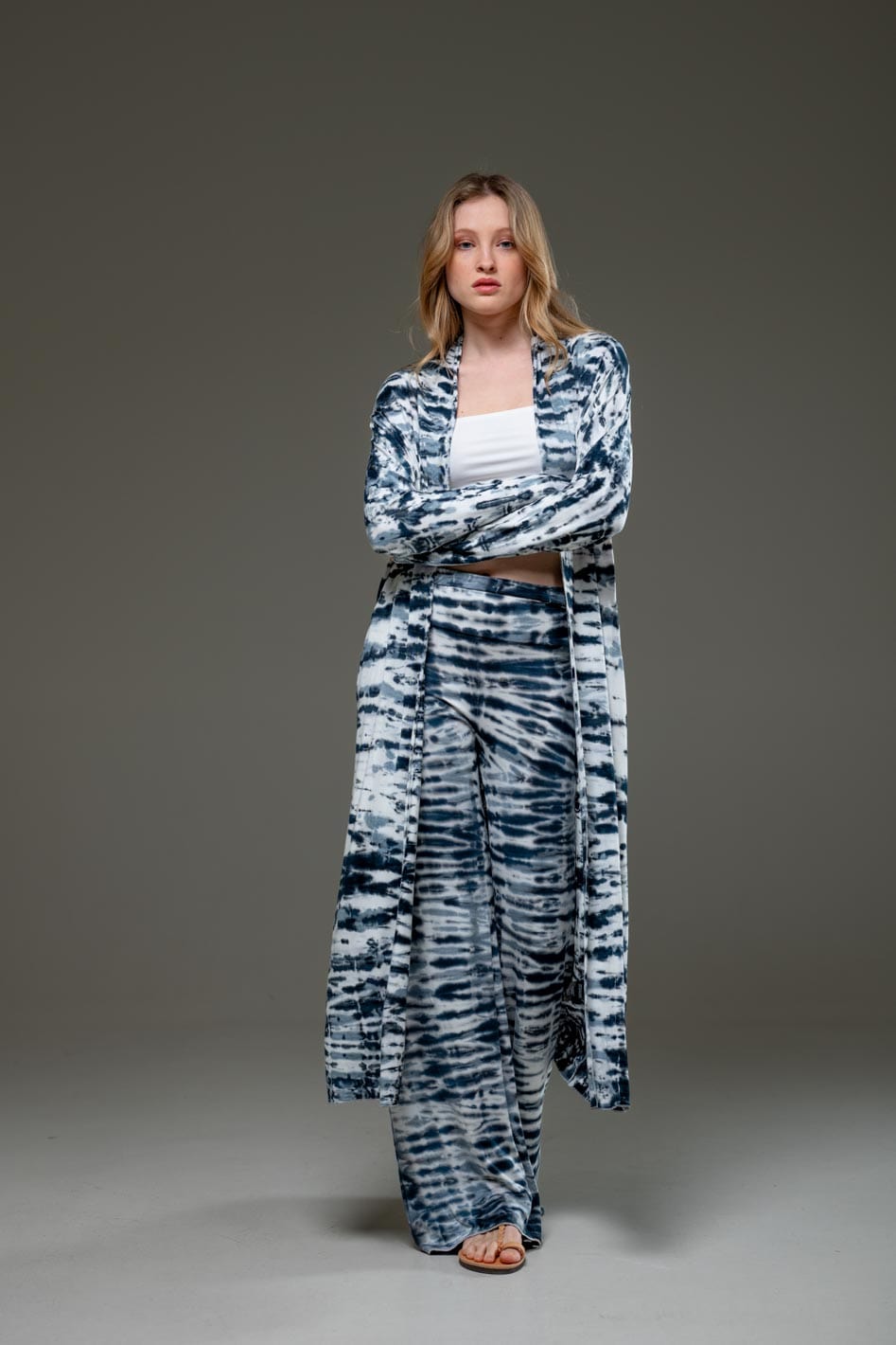 Stripe design elastic fabric hand tie dye wide leg long pant and long Open Jacket Set