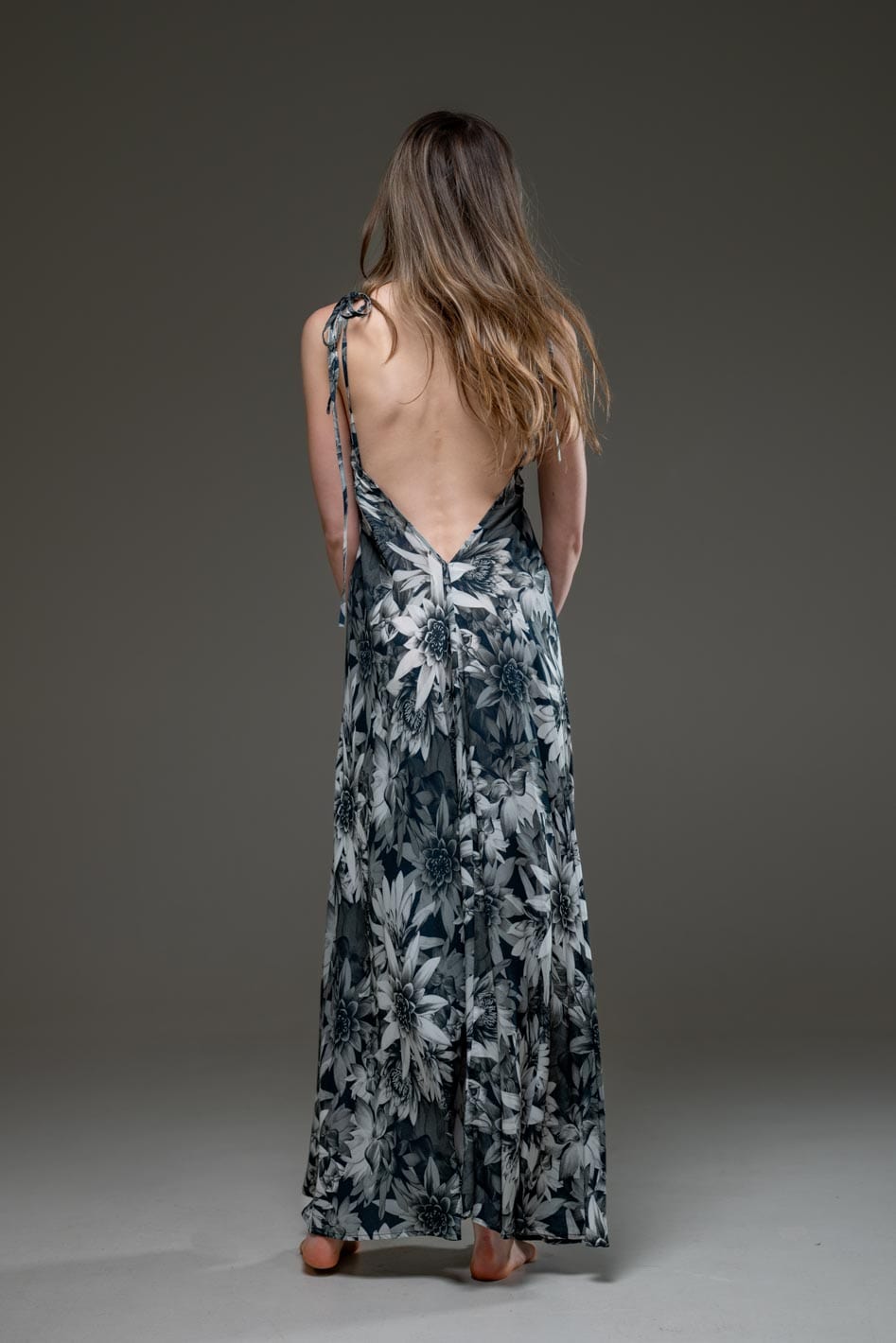 Super soft Luxury Rayon V Neckline dark Lotus digital print Low Back Long Crossback Strap Dress