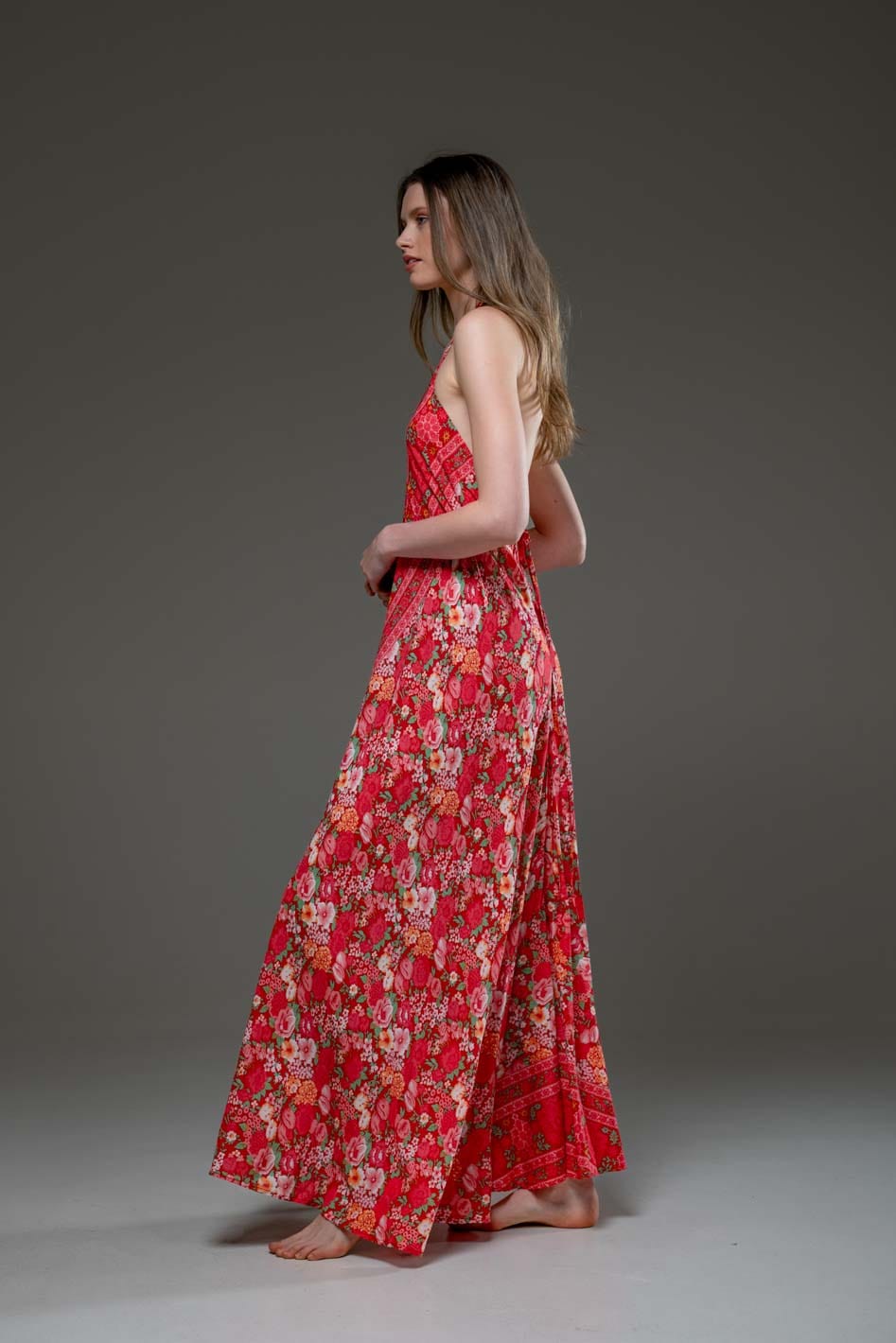 Super soft Rayon V Neckline Red Flower print Low Back Long Strap Dress