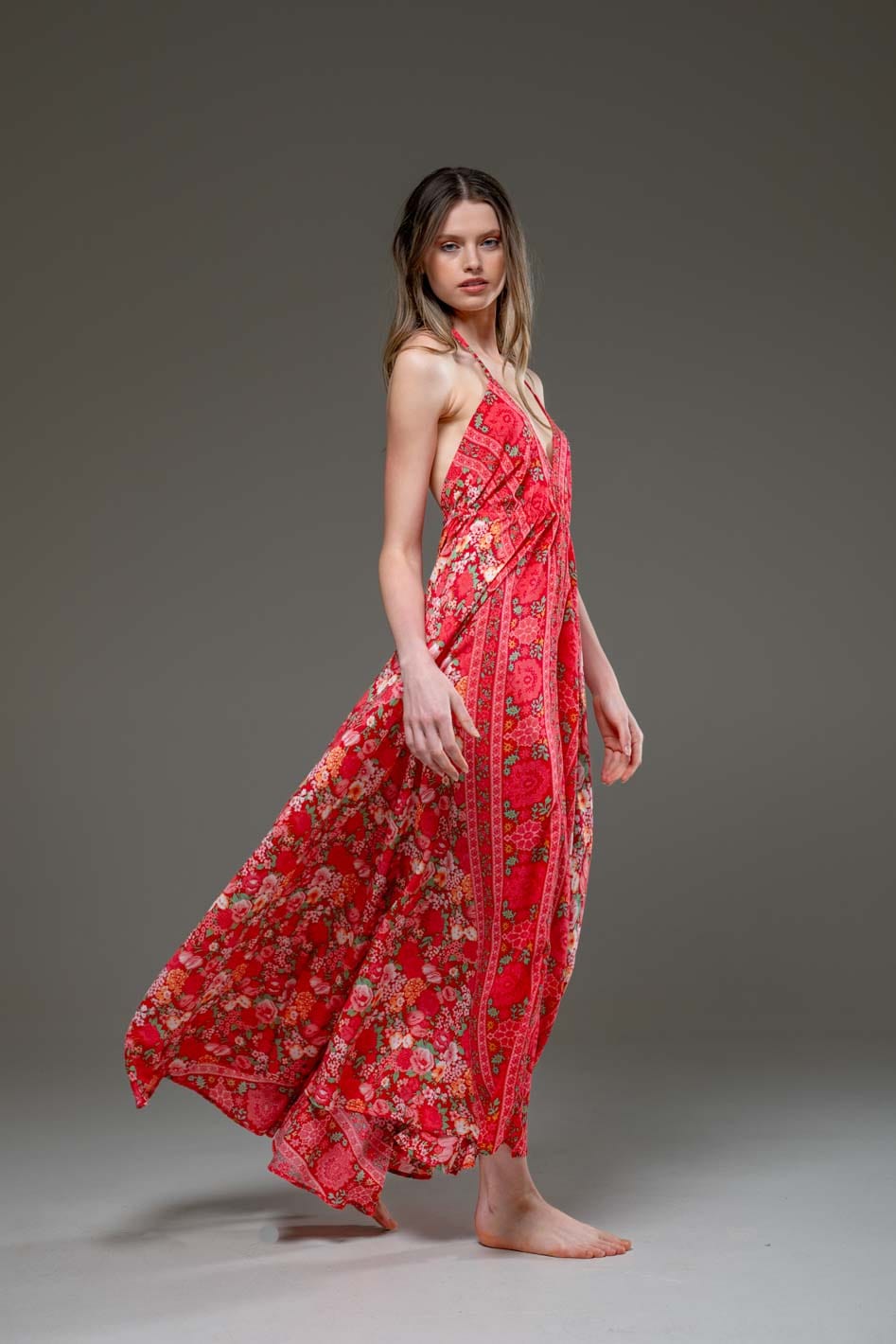 Super soft Rayon V Neckline Red Flower print Low Back Long Strap Dress