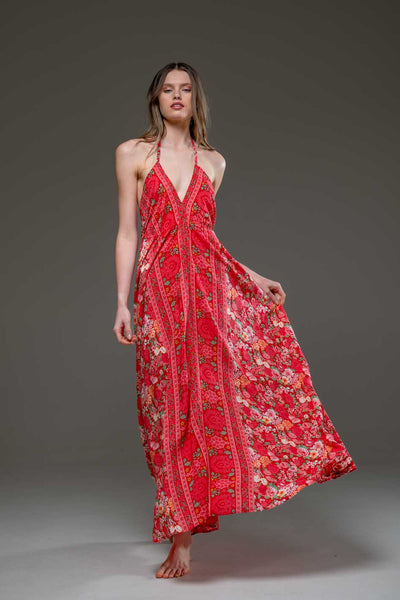 Super soft Rayon V Neckline Red Flower print Low Back Long Strap Dress