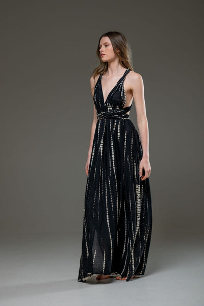 Tie Dye Black Rayon Infinity Convertible A line Long Dress