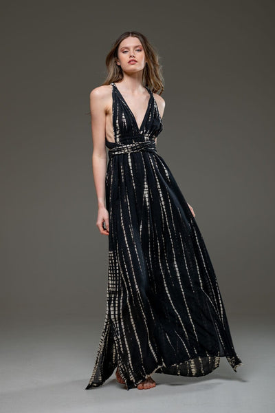 Tie Dye Black Rayon Infinity Convertible A line Long Dress