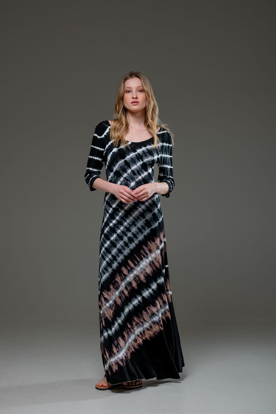 Tie Dye Stripe Jersey Elastic Fabric Quarter Sleeve Scoop Neckline A Line Long Dress