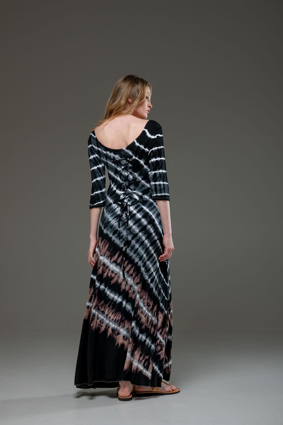 Tie Dye Stripe Jersey Elastic Fabric Quarter Sleeve Scoop Neckline A Line Long Dress