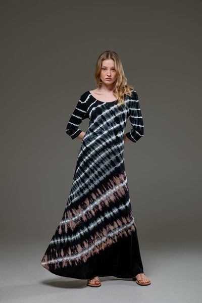 Tie Dye Stripe Jersey Elastic Fabric Quarter Sleeve Scoop Neckline A Line Long Dress