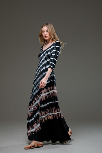 Tie Dye Stripe Jersey Elastic Fabric Quarter Sleeve Scoop Neckline A Line Long Dress