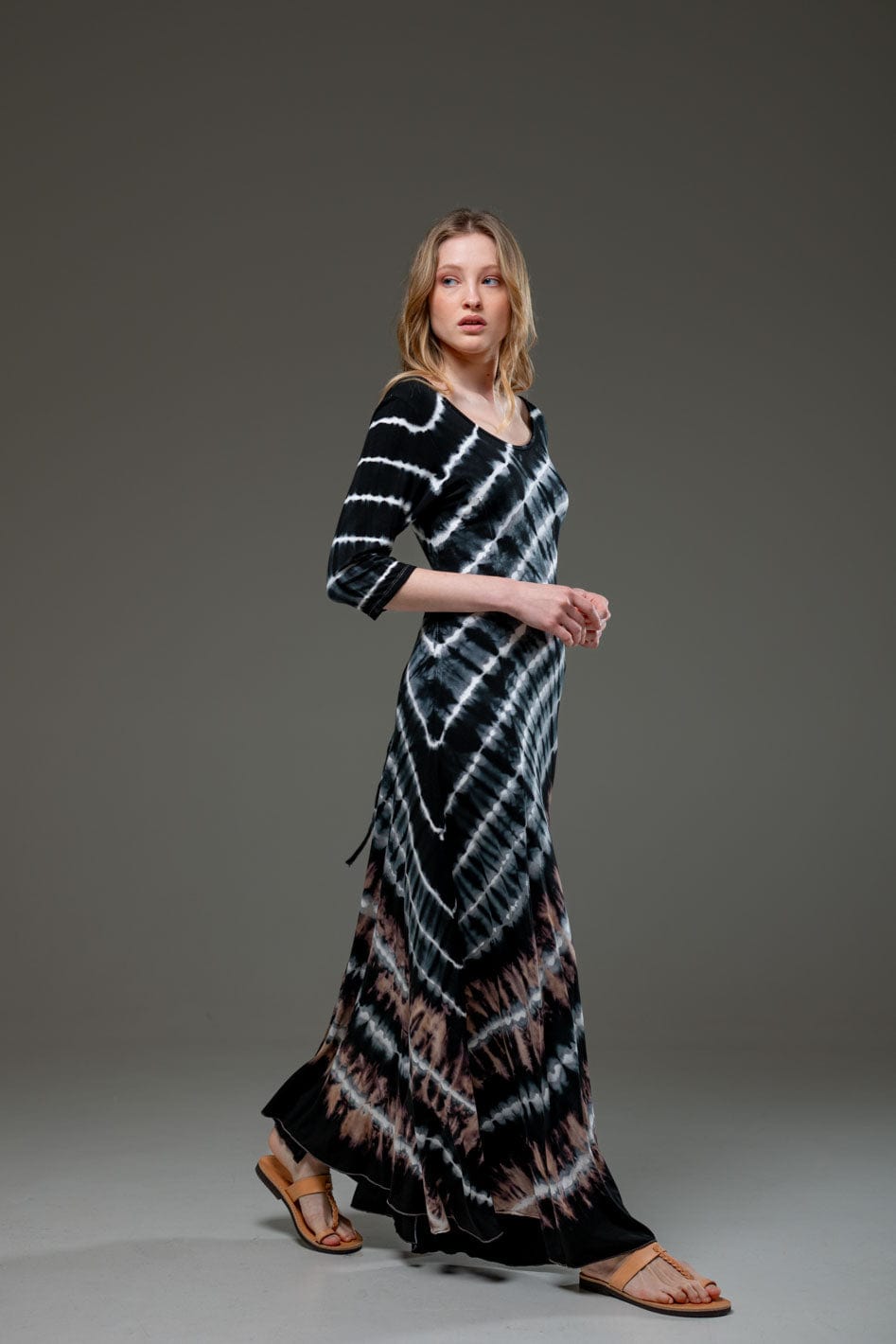 Tie Dye Stripe Jersey Elastic Fabric Quarter Sleeve Scoop Neckline A Line Long Dress