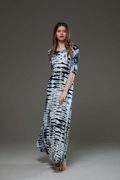 Tie Dye White & Black Stripe Jersey Elastic Fabric Half Sleeve Scoop Neckline A Line Long Dress