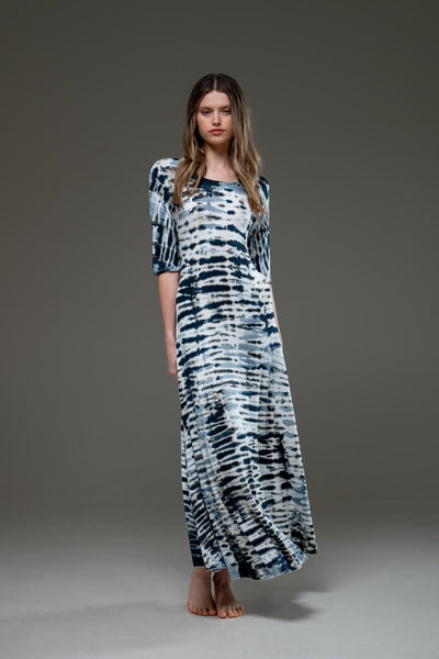 Tie Dye White & Black Stripe Jersey Elastic Fabric Half Sleeve Scoop Neckline A Line Long Dress