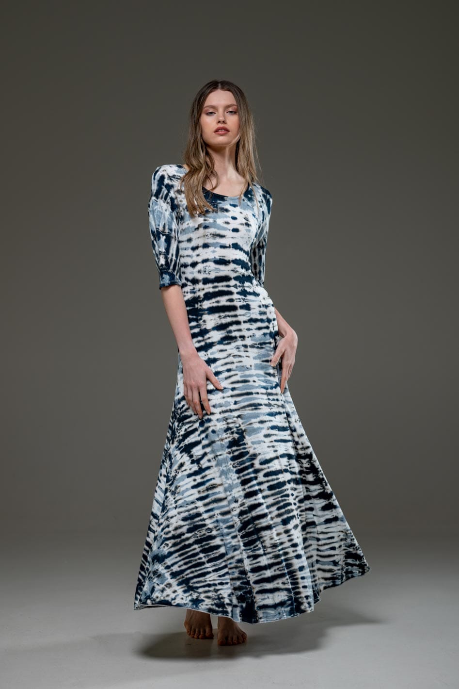 Tie Dye White & Black Stripe Jersey Elastic Fabric Half Sleeve Scoop Neckline A Line Long Dress