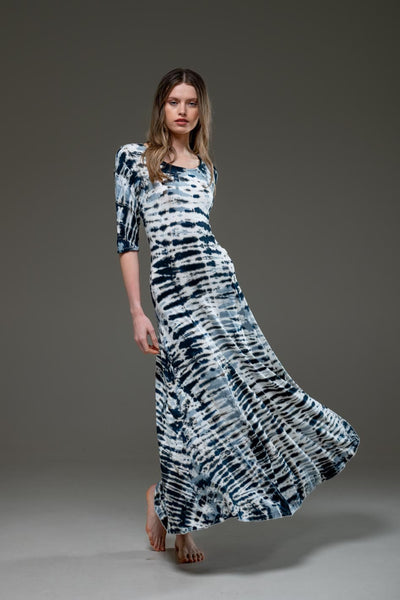 Tie Dye White & Black Stripe Jersey Elastic Fabric Half Sleeve Scoop Neckline A Line Long Dress