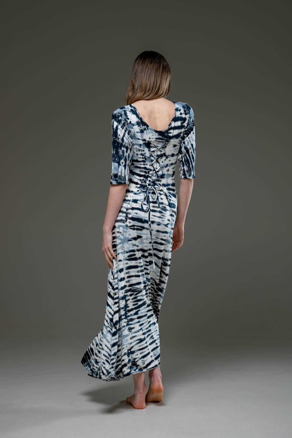 Tie Dye White & Black Stripe Jersey Elastic Fabric Half Sleeve Scoop Neckline A Line Long Dress