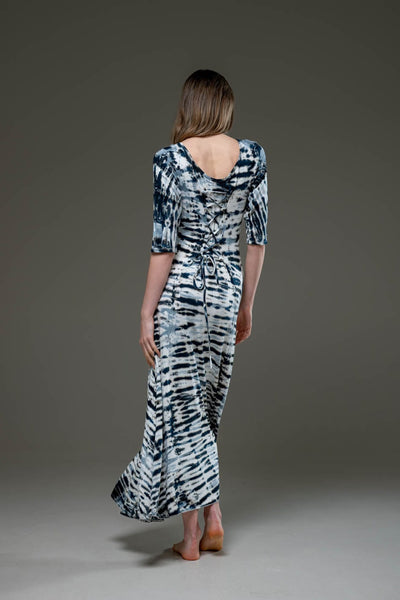 Tie Dye White & Black Stripe Jersey Elastic Fabric Half Sleeve Scoop Neckline A Line Long Dress