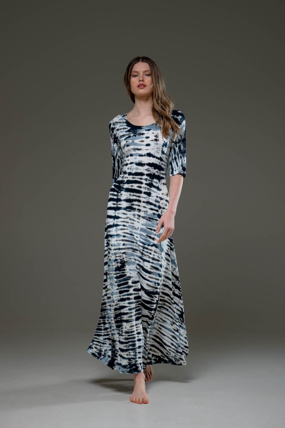 Tie Dye White & Black Stripe Jersey Elastic Fabric Half Sleeve Scoop Neckline A Line Long Dress