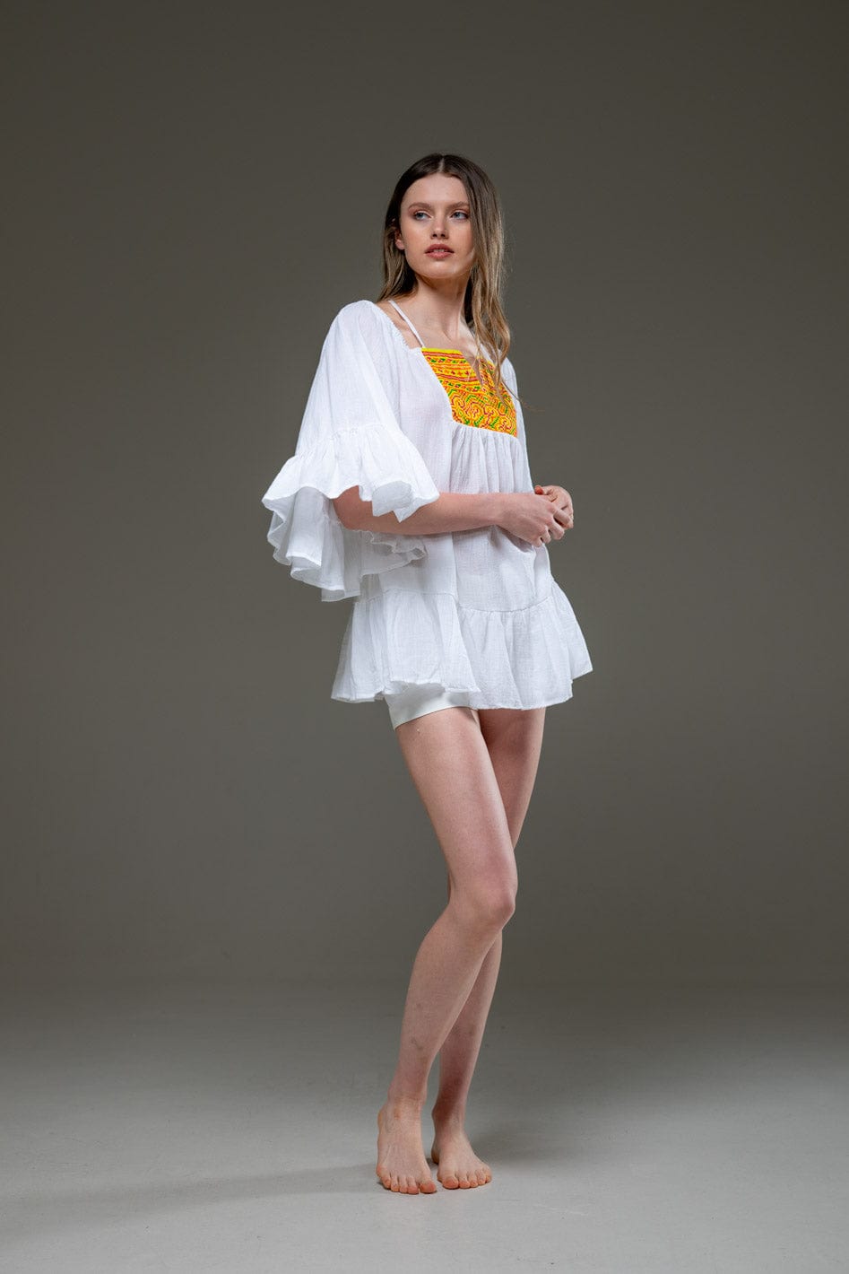 White Cotton Bell Sleeve Bohemian Camisa Short Dress