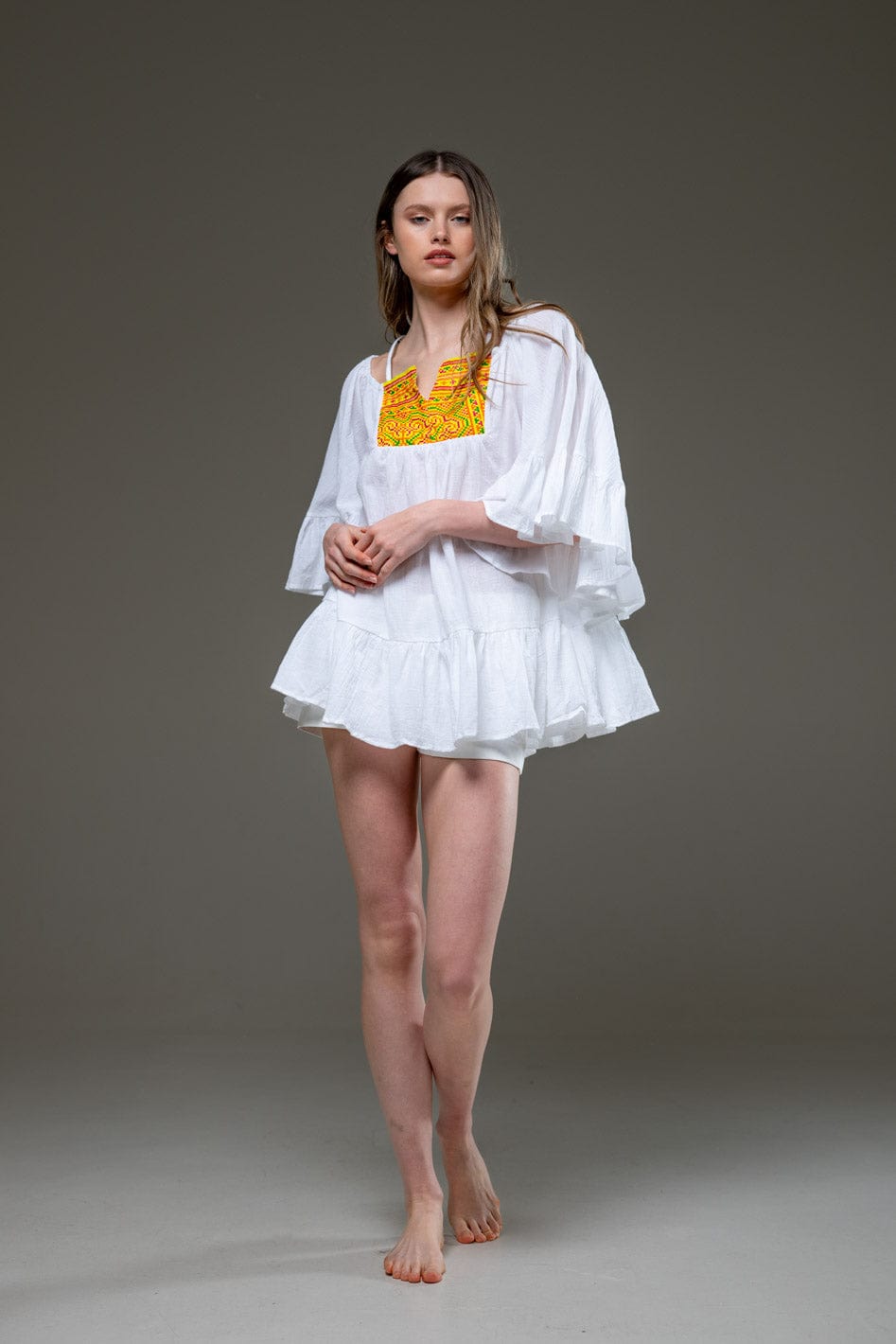 White Cotton Bell Sleeve Bohemian Camisa Short Dress