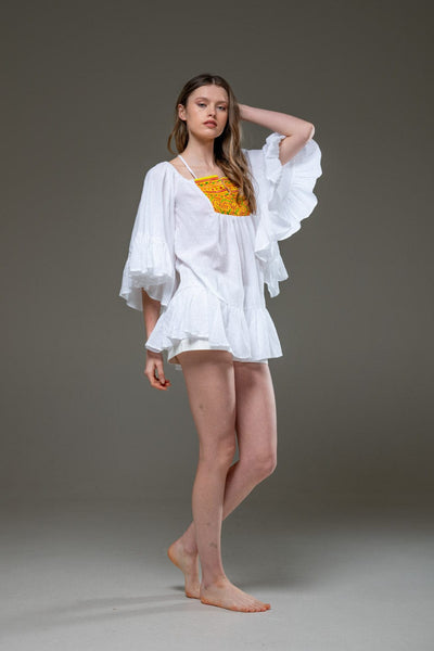 White Cotton Bell Sleeve Bohemian Camisa Short Dress