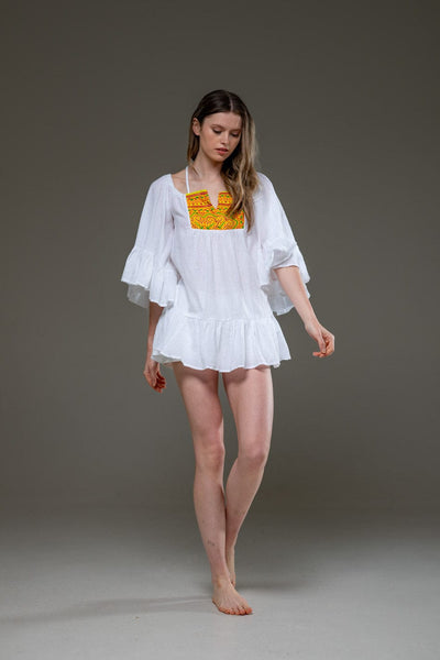 White Cotton Bell Sleeve Bohemian Camisa Short Dress