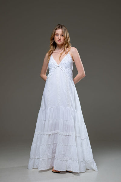 White Organic Cotton Spaghetti Strap Ruffled hemline Long Dress