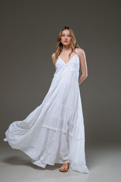 White Organic Cotton Spaghetti Strap Ruffled hemline Long Dress