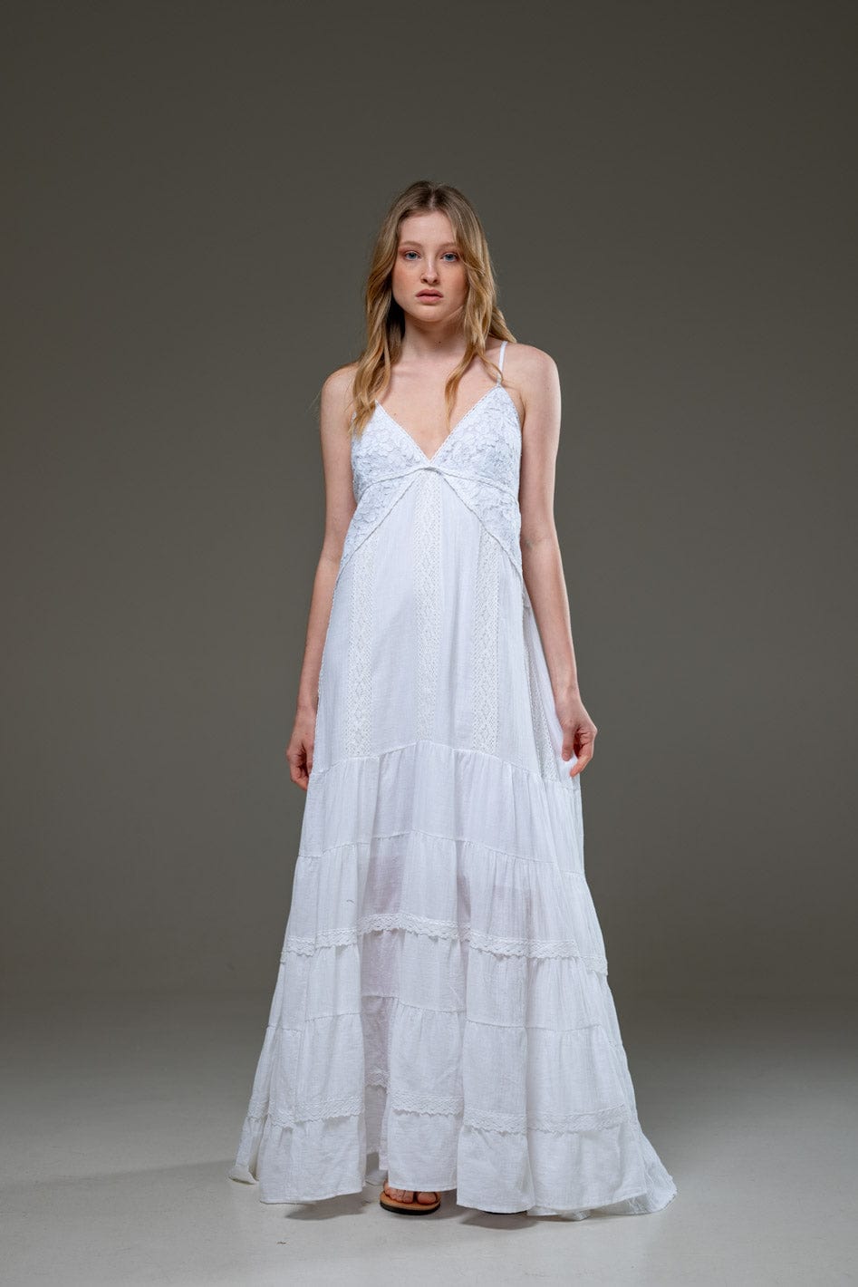 White Organic Cotton Spaghetti Strap Ruffled hemline Long Dress